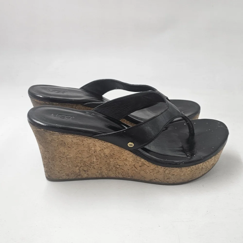 UGG Australia Natassia Black Leather Cork Wedge Sandals Women Sz 10